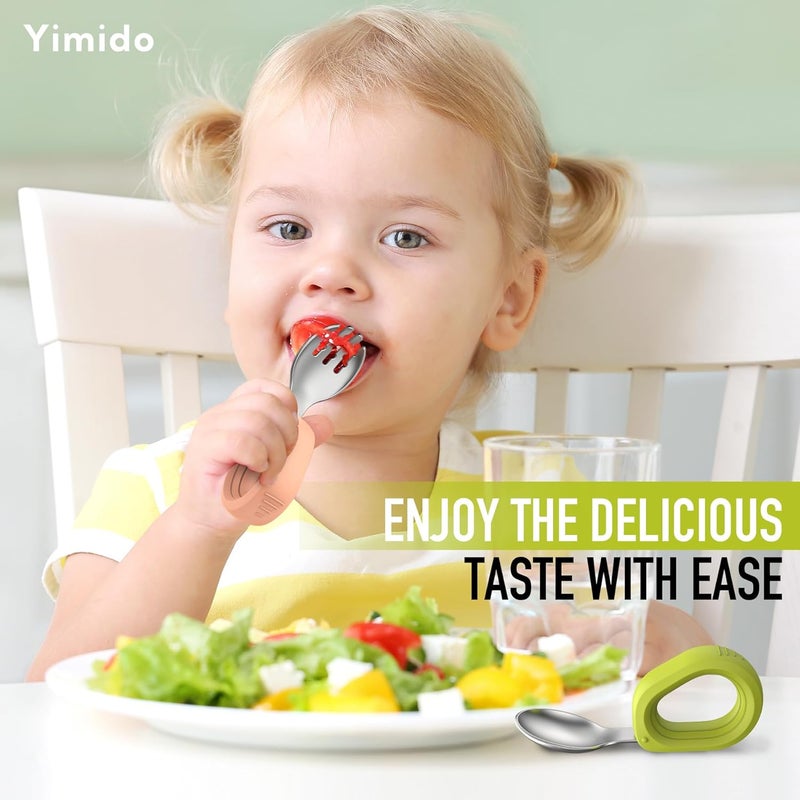 yimido Toddler Utensils - Baby Forks and Spoons Set - Kids Stainless Steel Silverware - Children Safe - Self Feeding - Dishwasher Safe (Orange + Green) - Image 5